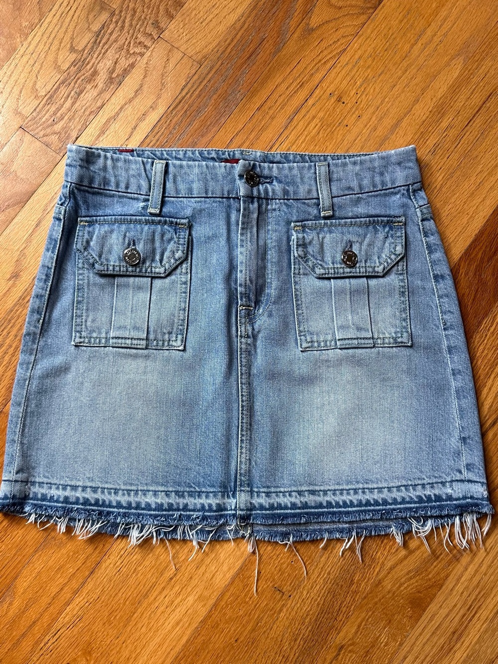 7 For All Mankind Light Blue Denim Mini Skirt with Front Flap Pockets